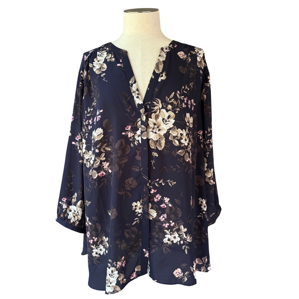 NYDJ Women's 2X Pintuck Blouse Navy Floral Peasant Romantic Boho